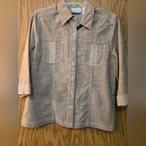 Cute light tan button up shirt/ jacket. 3/4 sleeve. Great for layering. Size 10